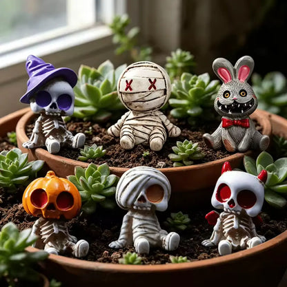 Mini Skeleton Figurine Set of 6, Halloween Resin Skeleton and Mummy Statues for Desk and Bonsai