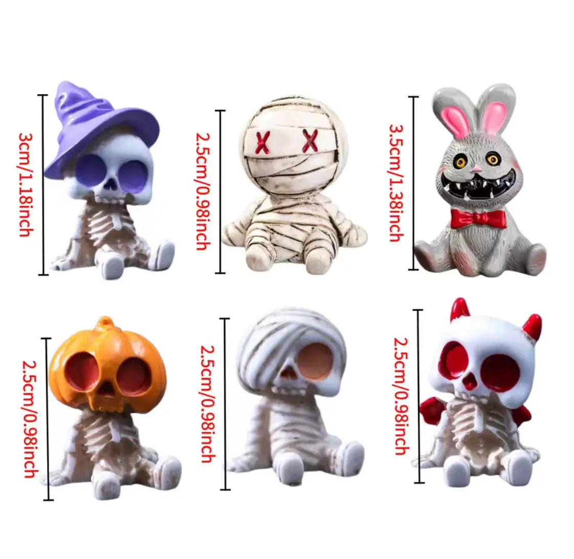 Mini Skeleton Figurine Set of 6, Halloween Resin Skeleton and Mummy Statues for Desk and Bonsai