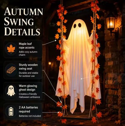 Hanging LED Ghost Halloween Decoration with Autumn Maple Leaf Ropes, Battery Powered Porch Light