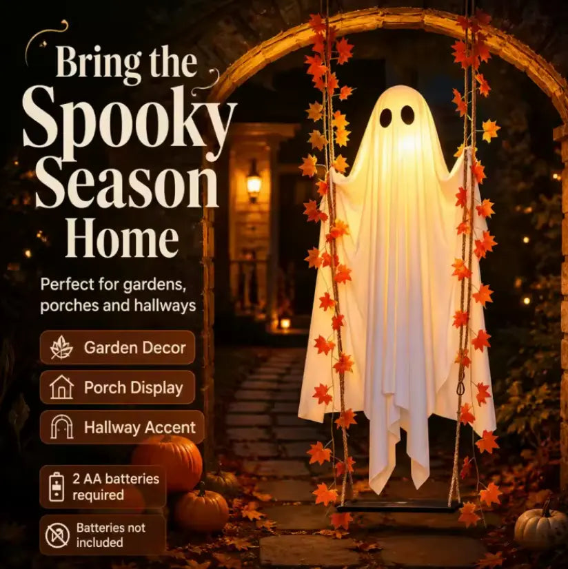 Hanging LED Ghost Halloween Decoration with Autumn Maple Leaf Ropes, Battery Powered Porch Light