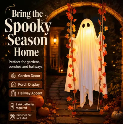 Hanging LED Ghost Halloween Decoration with Autumn Maple Leaf Ropes, Battery Powered Porch Light