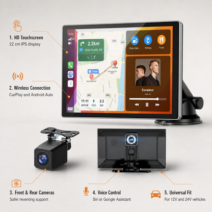 Wireless CarPlay & Android Auto Touchscreen Display with Front & Rear Backup Cameras