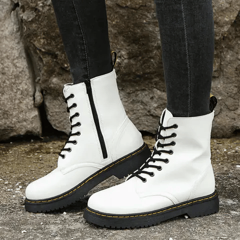 Womens Lace Up Ankle Boots with Side Zipper Comfortable Block Heel Boots Rubber Sole Black or White