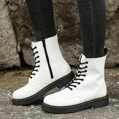 Womens Lace Up Ankle Boots with Side Zipper Comfortable Block Heel Boots Rubber Sole Black or White