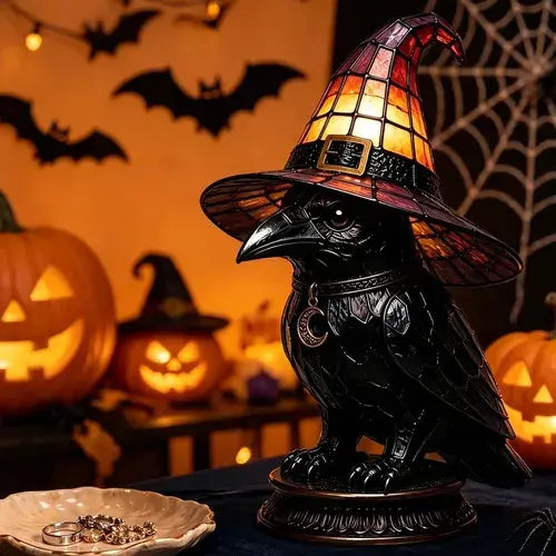 Raven Stained Glass Witch Hat Lamp, Gothic Halloween Accent Lamp with Resin Raven and Bronze Base
