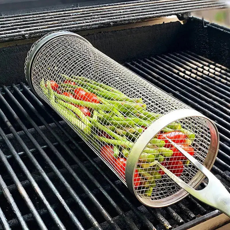 Rolling Stainless Steel Grill Basket | Even-Heat BBQ Basket for Small Food Items