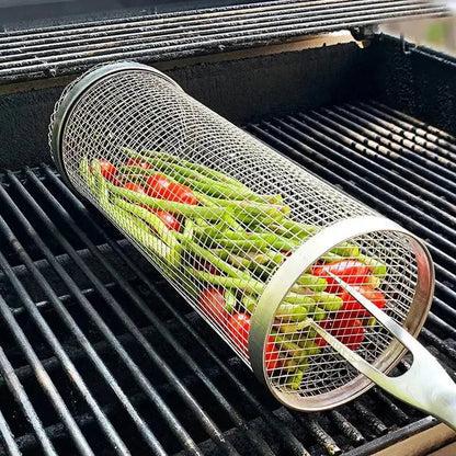 Rolling Stainless Steel Grill Basket | Even-Heat BBQ Basket for Small Food Items