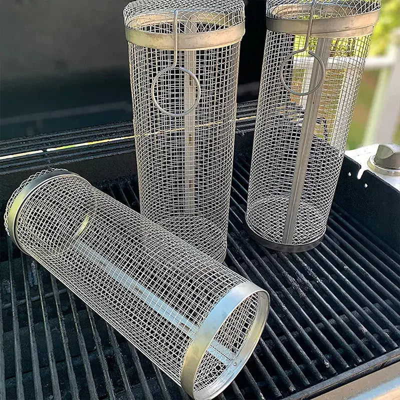 Rolling Stainless Steel Grill Basket | Even-Heat BBQ Basket for Small Food Items