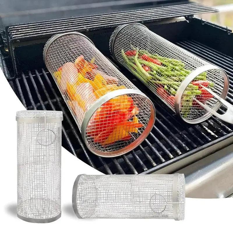 Rolling Stainless Steel Grill Basket | Even-Heat BBQ Basket for Small Food Items