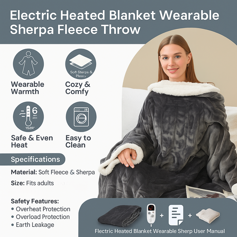 Wearable Electric Heated Blanket with Sherpa Fleece Lining, Sleeves & 6 Heat Settings