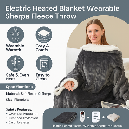Wearable Electric Heated Blanket with Sherpa Fleece Lining, Sleeves & 6 Heat Settings