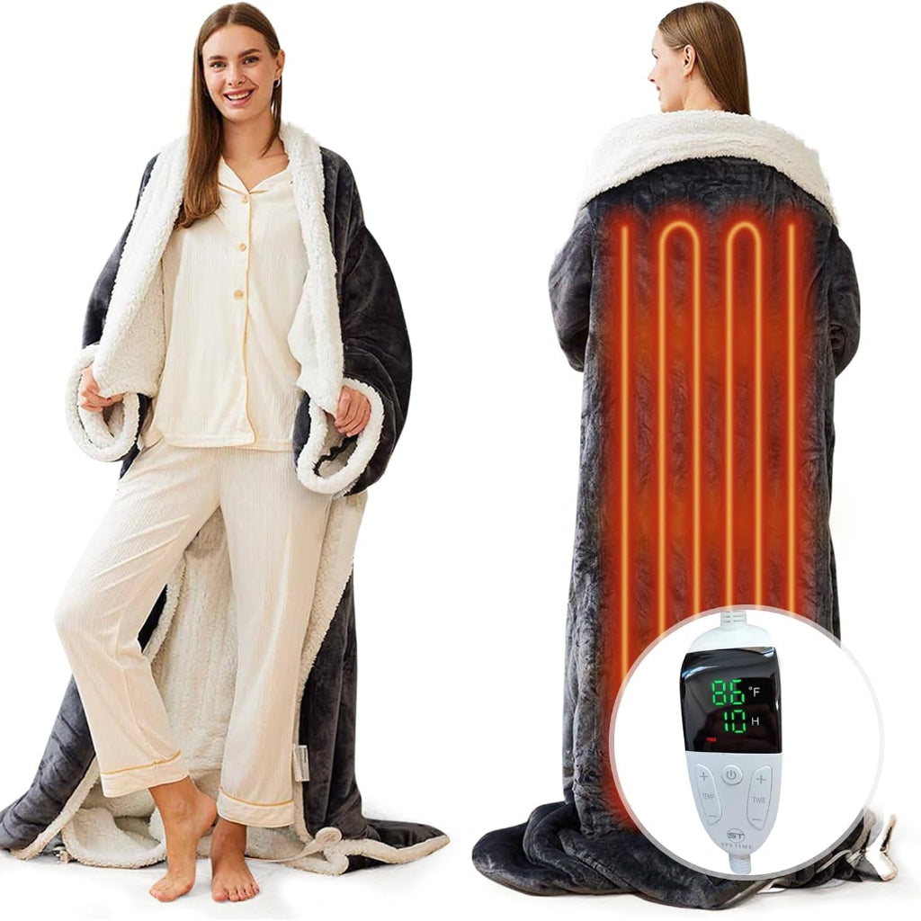 Wearable Electric Heated Blanket with Sherpa Fleece Lining, Sleeves & 6 Heat Settings