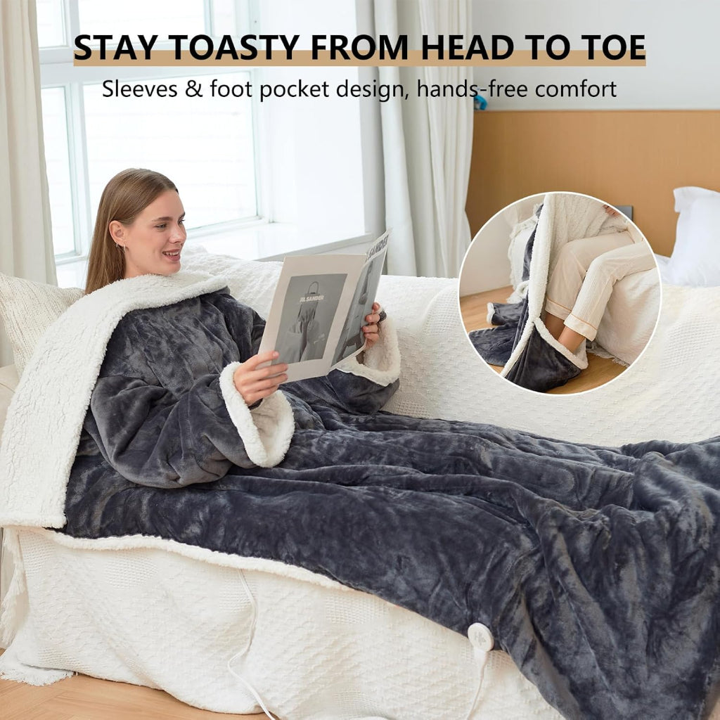Wearable Electric Heated Blanket with Sherpa Fleece Lining, Sleeves & 6 Heat Settings