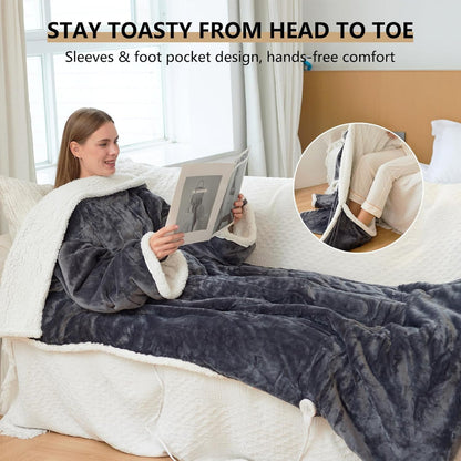Wearable Electric Heated Blanket with Sherpa Fleece Lining, Sleeves & 6 Heat Settings