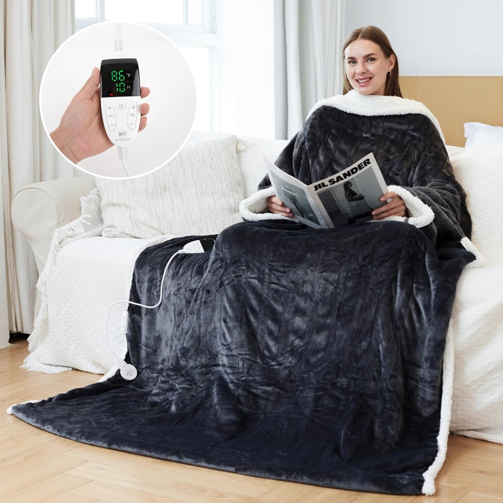 Wearable Electric Heated Blanket with Sherpa Fleece Lining, Sleeves & 6 Heat Settings