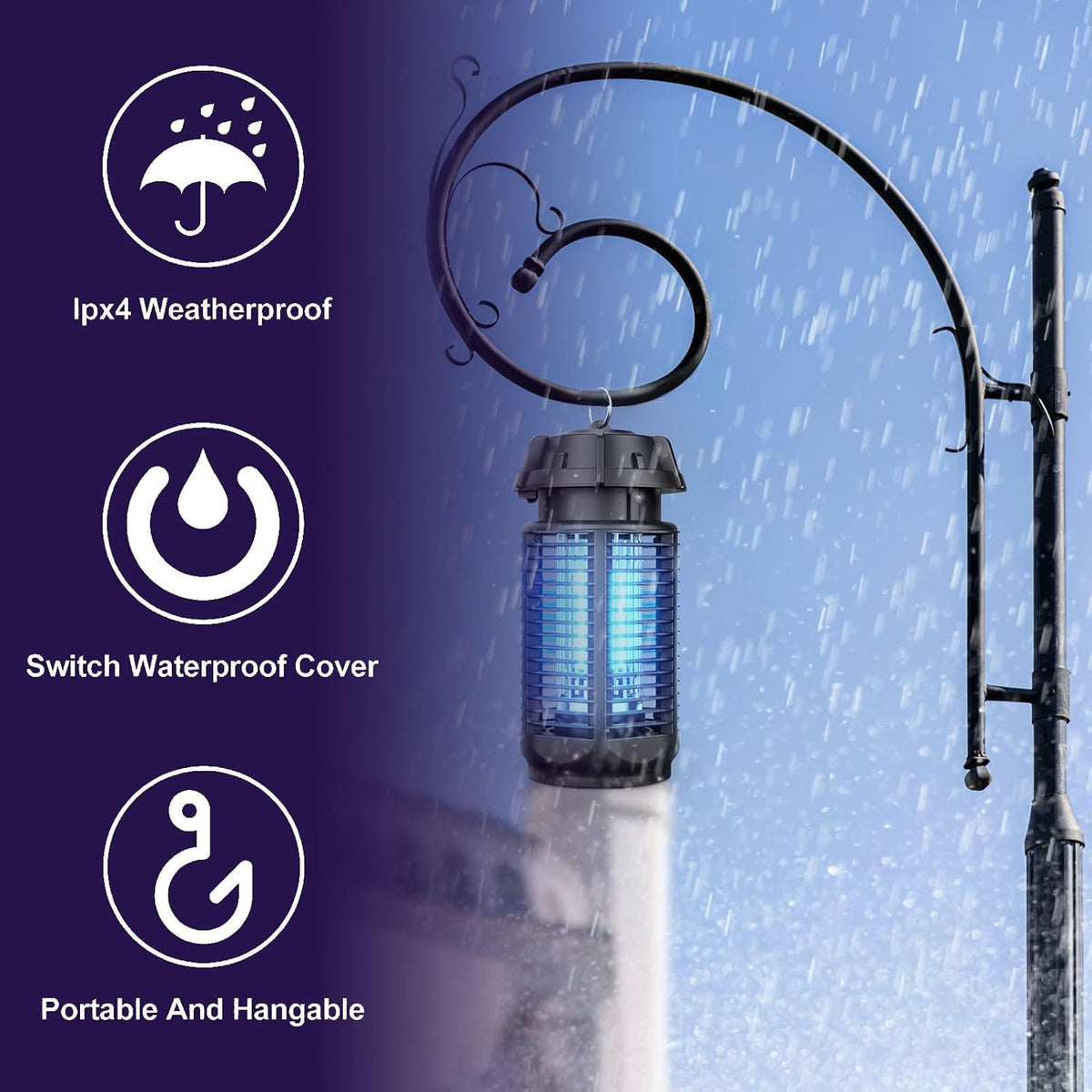 Electric Insect Killer with High Voltage Grid, IPX4 Rated for Indoor and Outdoor Use