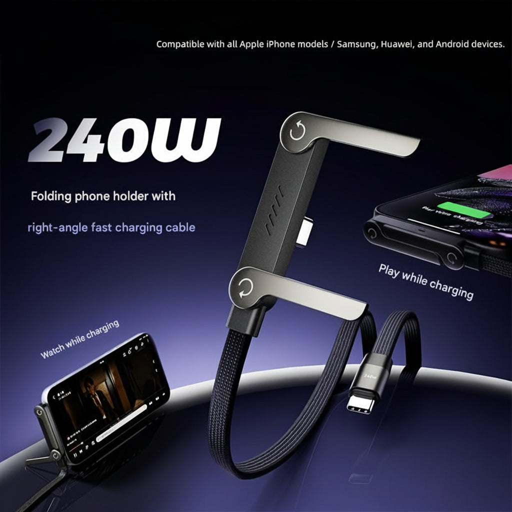 240W Fast Charging Cable with Built-In Phone & Tablet Holder Stand for Hands-Free Use