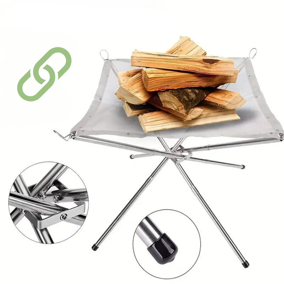 Foldable Stainless Steel Campfire Stand with Height-Adjustable Mesh and Ash Tray
