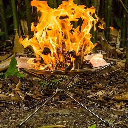 Foldable Stainless Steel Campfire Stand with Height-Adjustable Mesh and Ash Tray