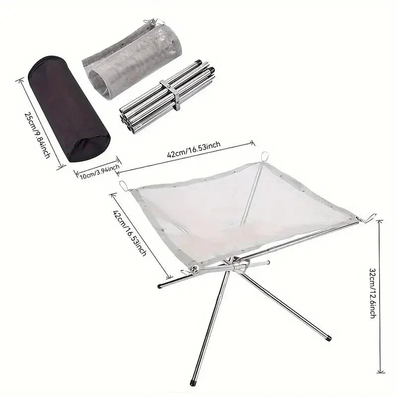 Foldable Stainless Steel Campfire Stand with Height-Adjustable Mesh and Ash Tray