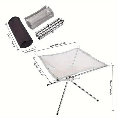 Foldable Stainless Steel Campfire Stand with Height-Adjustable Mesh and Ash Tray