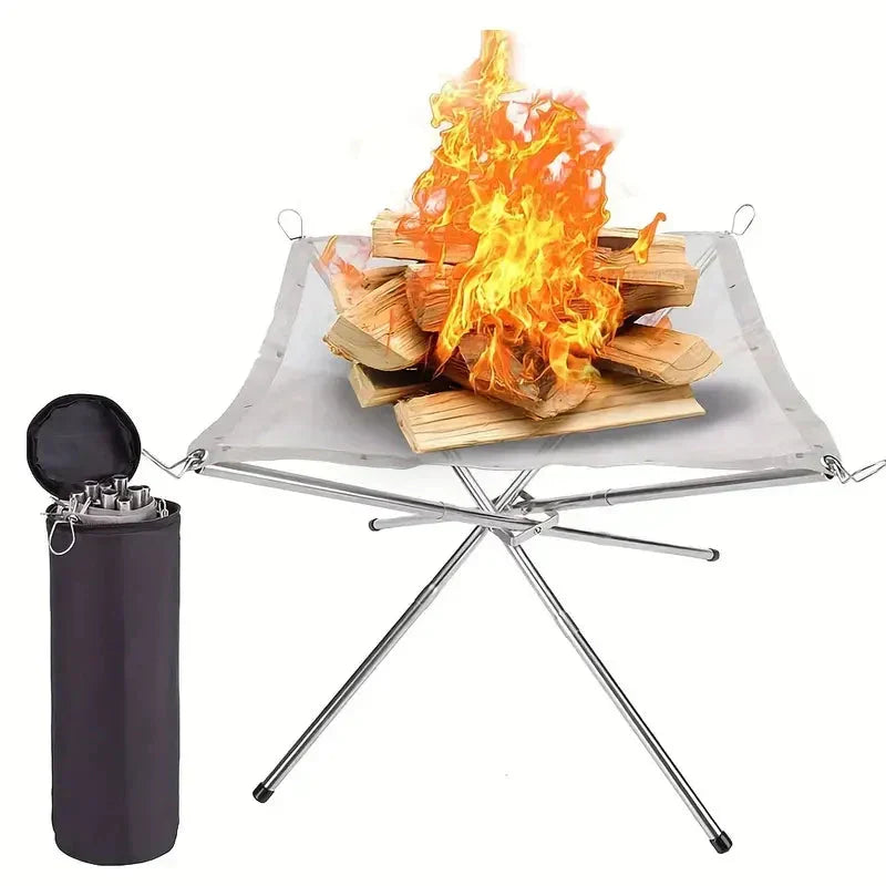 Foldable Stainless Steel Campfire Stand with Height-Adjustable Mesh and Ash Tray
