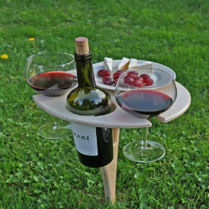 Foldable Birch Wood Picnic Table with Integrated Wine Glass and Bottle Holder Set