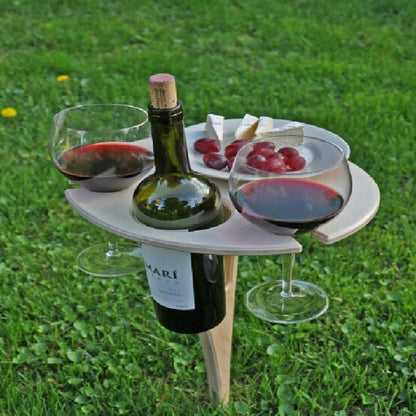 Foldable Birch Wood Picnic Table with Integrated Wine Glass and Bottle Holder Set