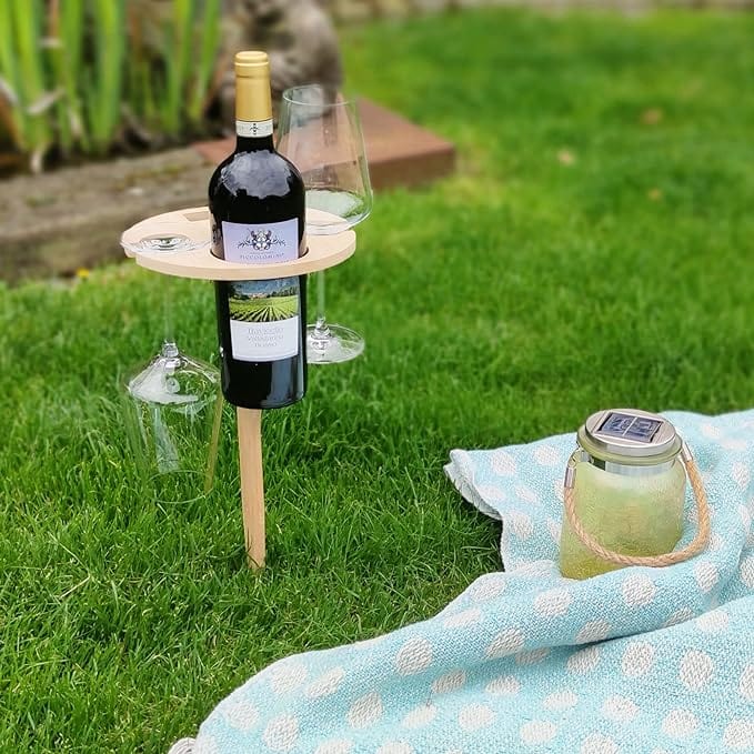 Foldable Birch Wood Picnic Table with Integrated Wine Glass and Bottle Holder Set