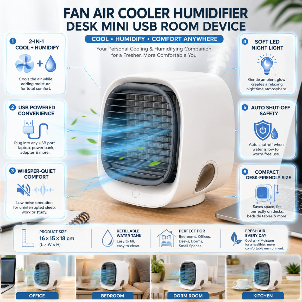 2-in-1 USB Desk Fan & Humidifier with Built-In LED Night Light & Auto Shut-Off Safety