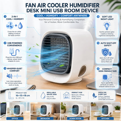 2-in-1 USB Desk Fan & Humidifier with Built-In LED Night Light & Auto Shut-Off Safety