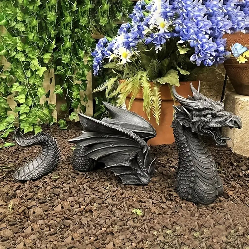 Emerging Dragon Garden Sculpture, Multi Piece Resin Dragon with Head, Wings and Tail, Stone Effect
