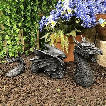 Emerging Dragon Garden Sculpture, Multi Piece Resin Dragon with Head, Wings and Tail, Stone Effect