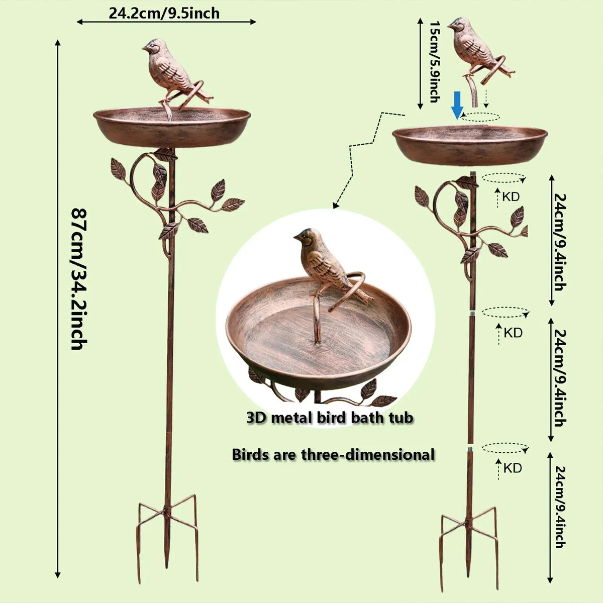 Freestanding Garden Bird Bath with Decorative Bowl and Sturdy Multi-Pronged Ground Spike