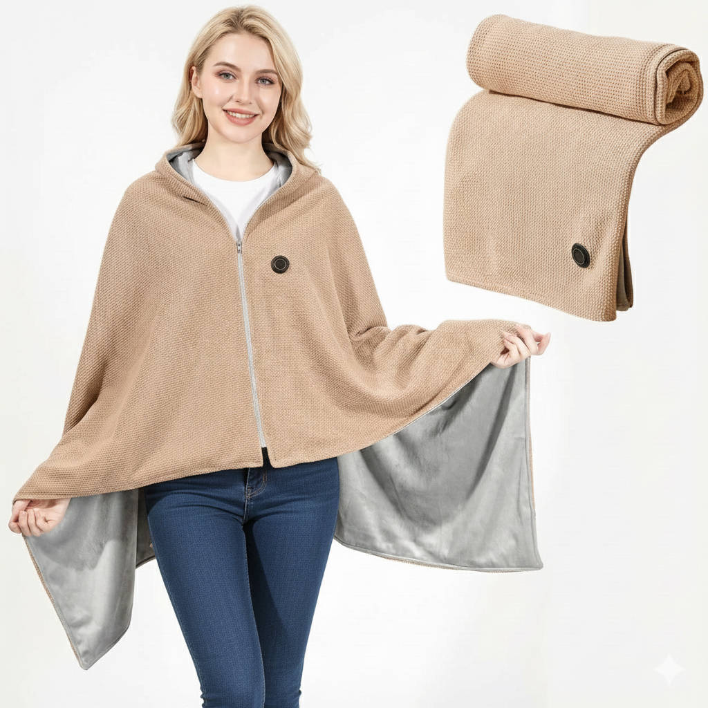 USB C Heated Shawl Blanket with Eight Heating Zones Three Heat Levels Zip Closure Portable Wrap