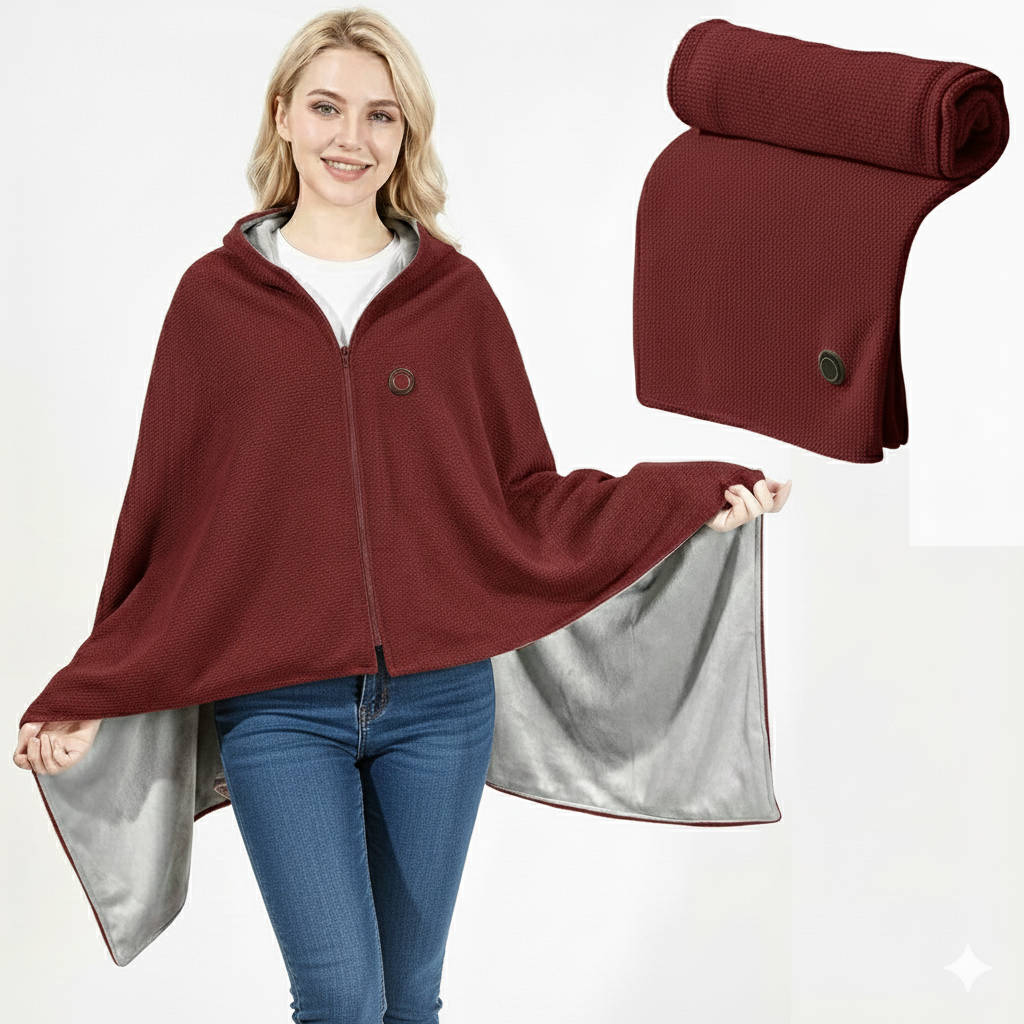 USB C Heated Shawl Blanket with Eight Heating Zones Three Heat Levels Zip Closure Portable Wrap