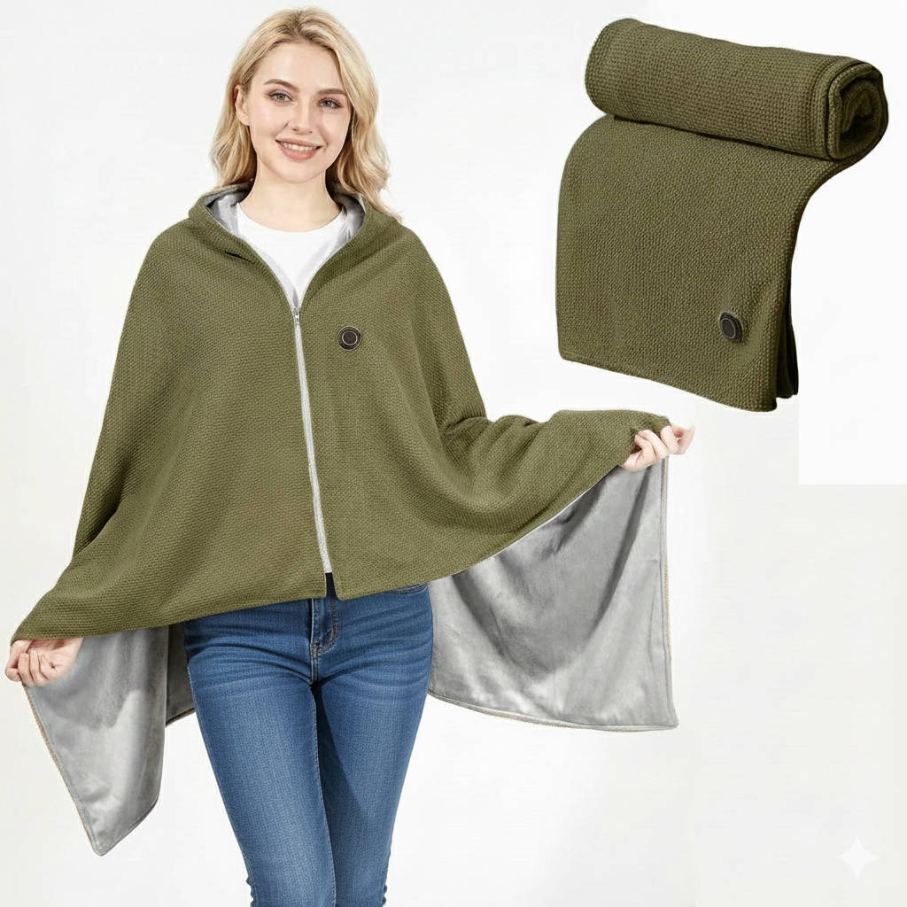 USB C Heated Shawl Blanket with Eight Heating Zones Three Heat Levels Zip Closure Portable Wrap