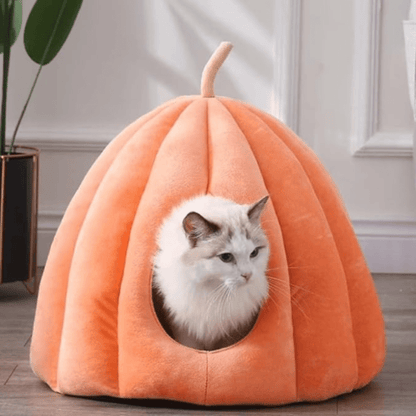 Pumpkin Shaped Closed Cat Bed Cosy Cat Cave with Removable Cushion Soft Padded Hideaway Pet Bed