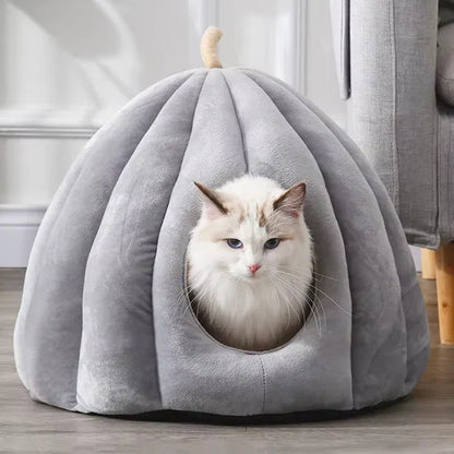 Pumpkin Shaped Closed Cat Bed Cosy Cat Cave with Removable Cushion Soft Padded Hideaway Pet Bed