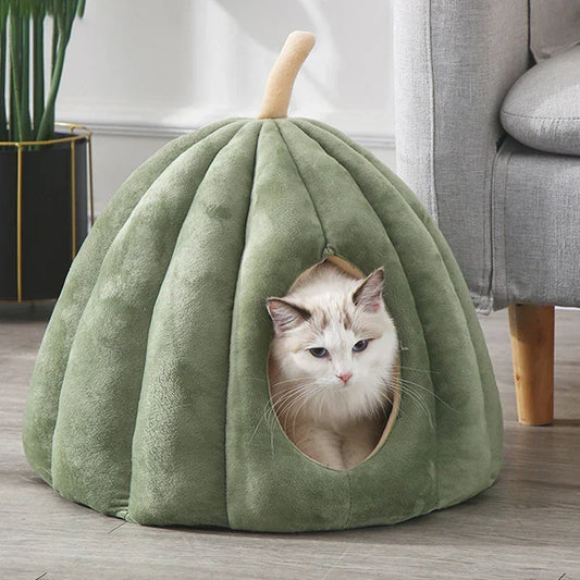 Pumpkin Shaped Closed Cat Bed Cosy Cat Cave with Removable Cushion Soft Padded Hideaway Pet Bed