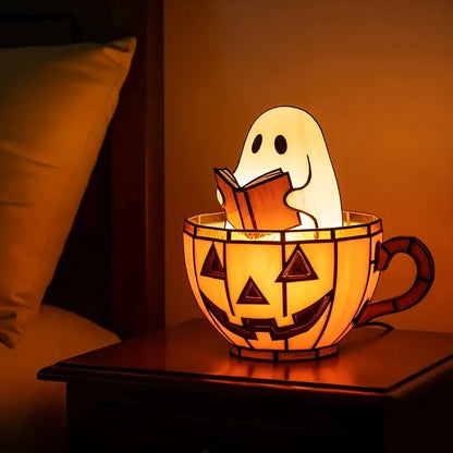 Ghost Night Light with Glowing Pumpkin, Cute Halloween LED Resin Lamp, USB Powered, 3 Designs