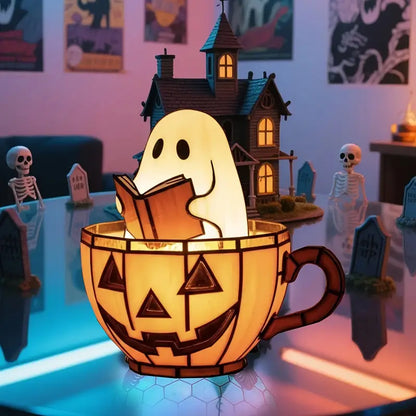 Ghost Night Light with Glowing Pumpkin, Cute Halloween LED Resin Lamp, USB Powered, 3 Designs