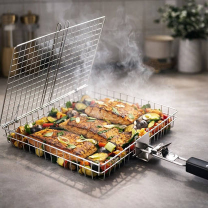 Stainless Steel Grill Basket with Even Heat Distribution for BBQ and Outdoor Cooking