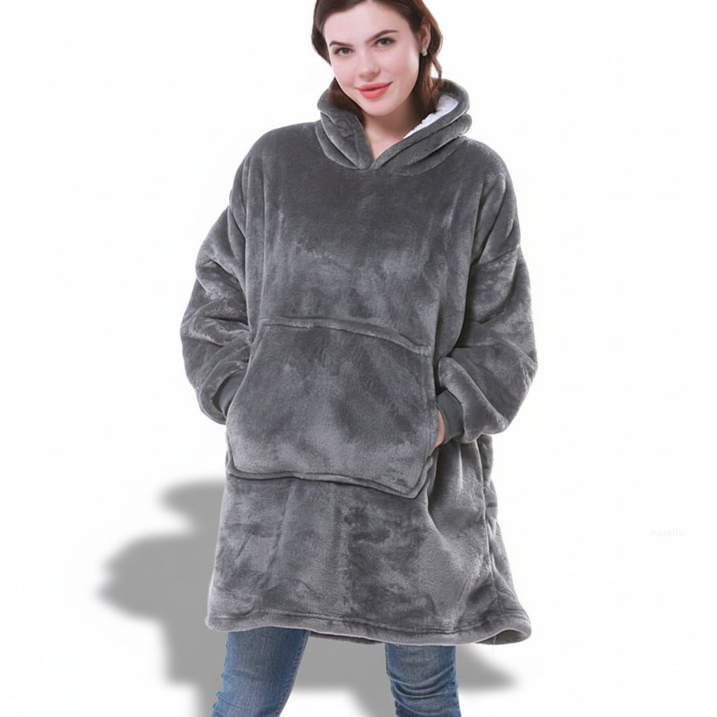 Wearable Hooded Blanket with Flannel Outer Layer & Fleece Lining for Adults & Kids