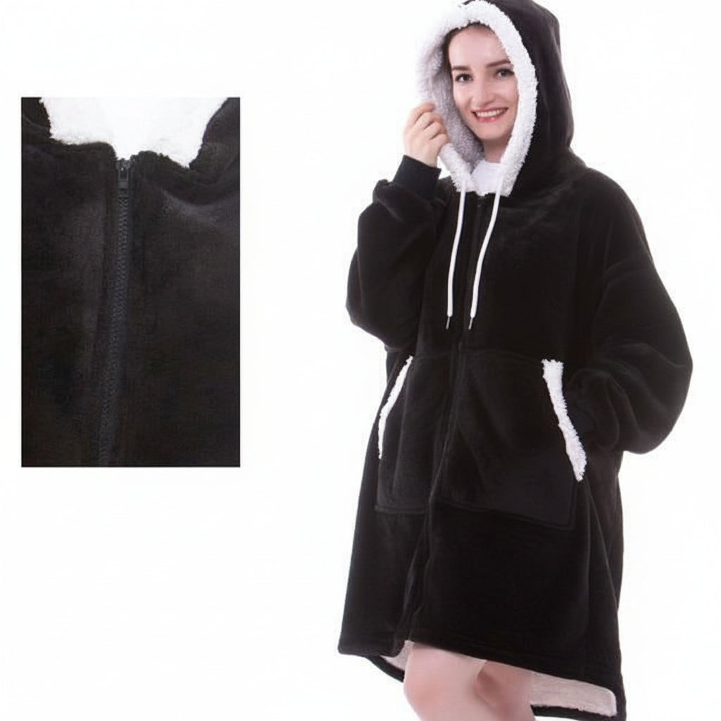 Wearable Hooded Blanket with Flannel Outer Layer & Fleece Lining for Adults & Kids