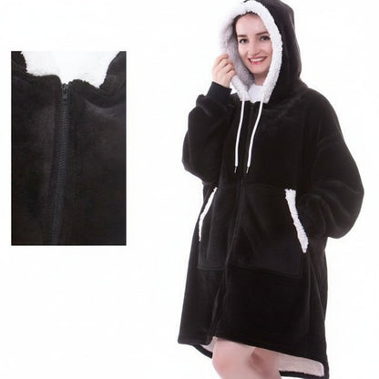 Wearable Hooded Blanket with Flannel Outer Layer & Fleece Lining for Adults & Kids
