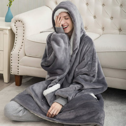 Wearable Hooded Blanket with Flannel Outer Layer & Fleece Lining for Adults & Kids