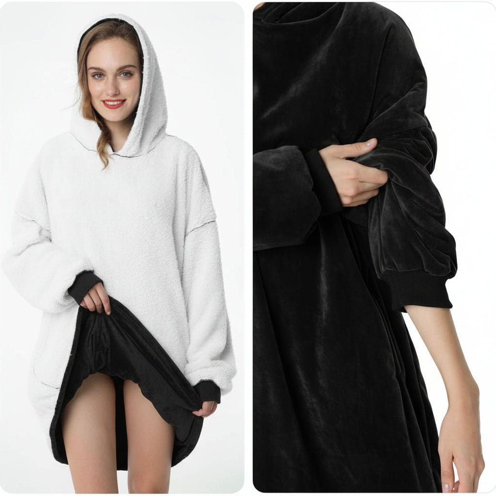 Wearable Hooded Blanket with Flannel Outer Layer & Fleece Lining for Adults & Kids