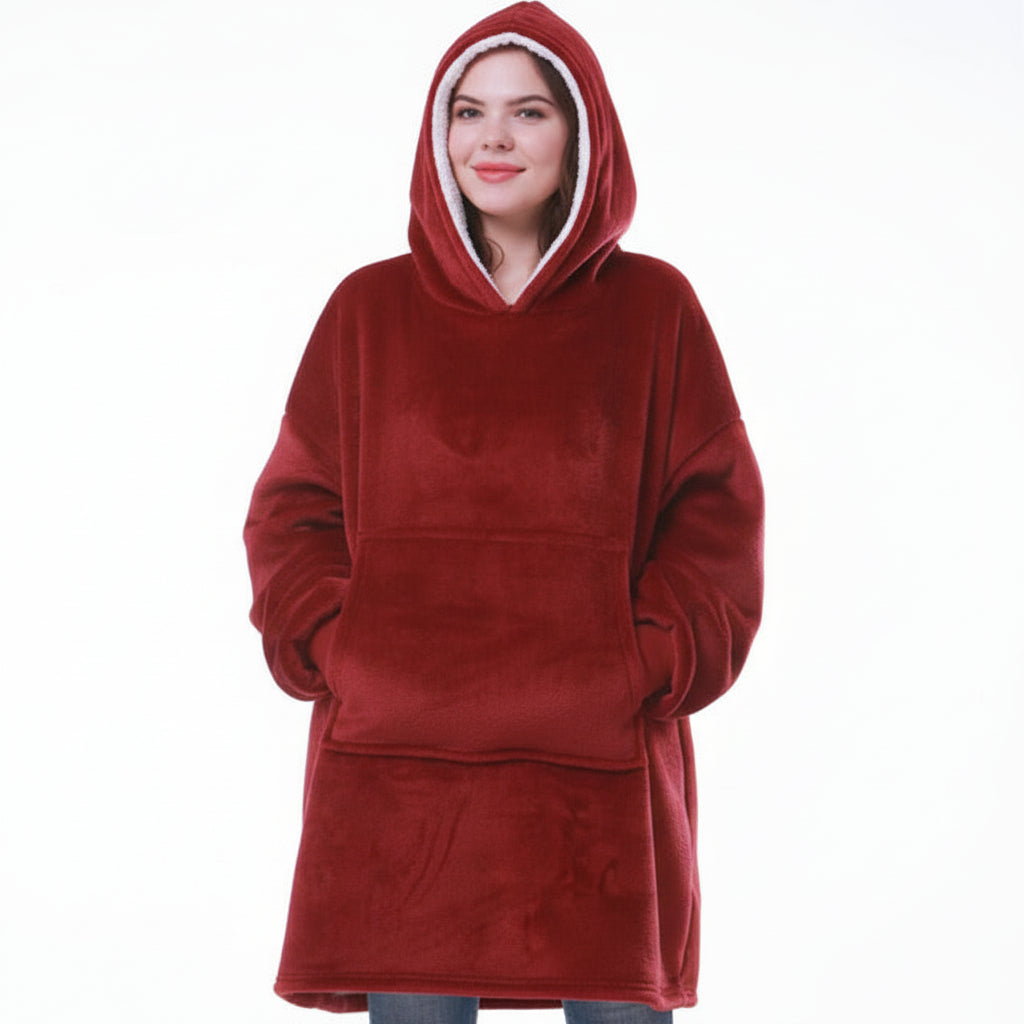 Wearable Hooded Blanket with Flannel Outer Layer & Fleece Lining for Adults & Kids