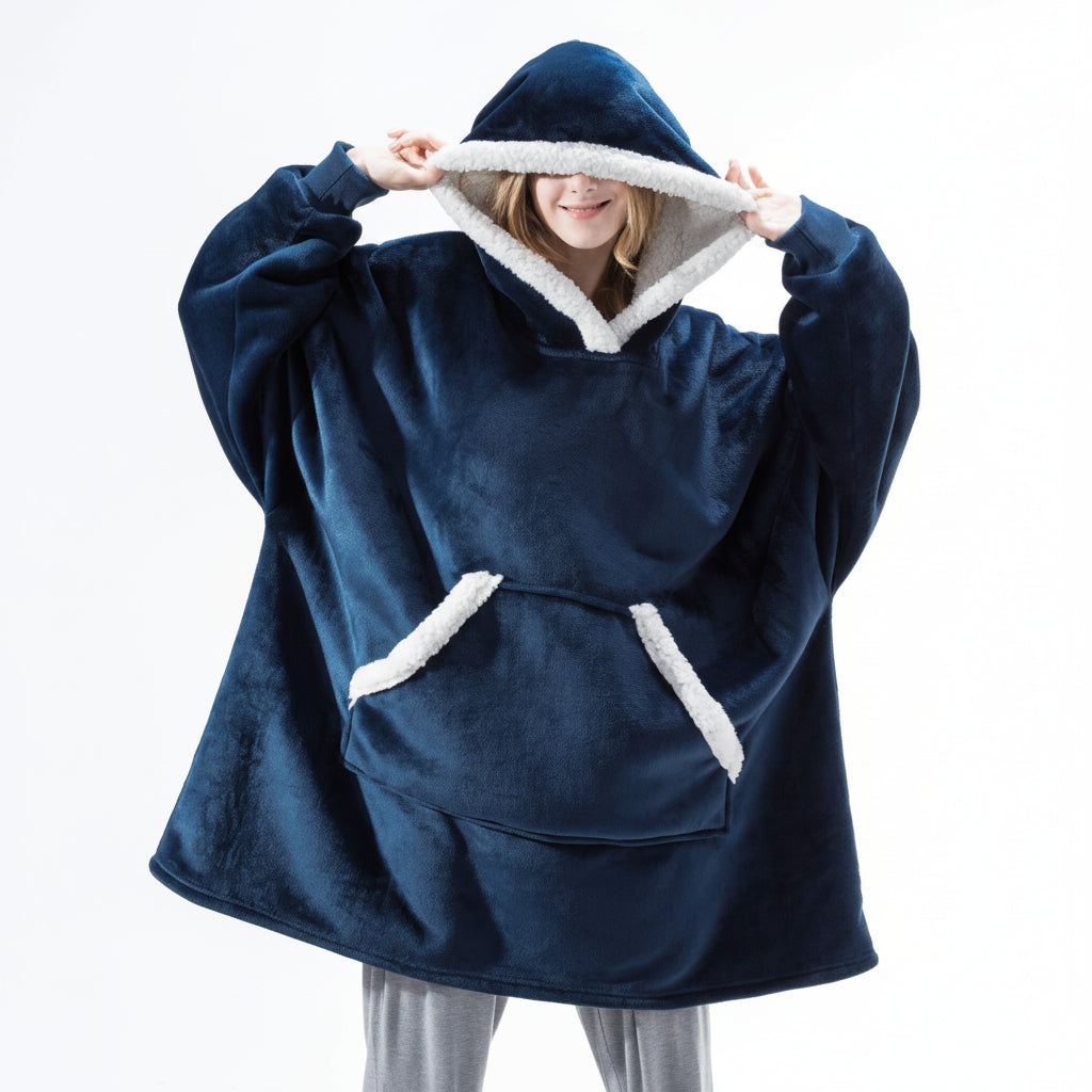 Wearable Hooded Blanket with Flannel Outer Layer & Fleece Lining for Adults & Kids